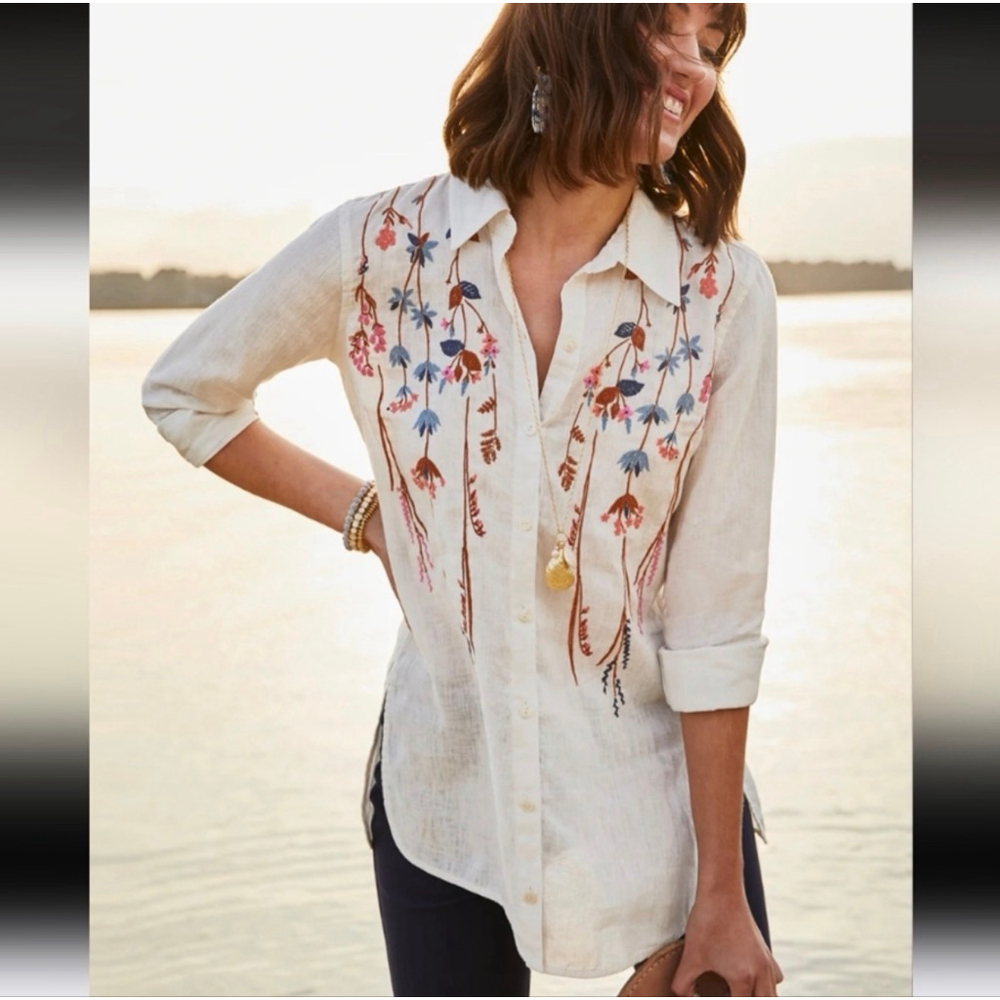 Spartina 449 White Embroidered Linen Button Down Shirt XS